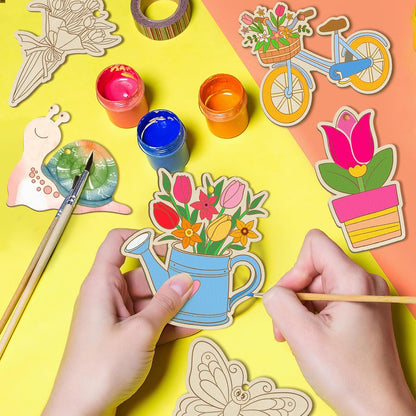 80PCS Wooden Spring Ornaments to Paint, 10 Styles DIY Blank Unfinished Wood Flower Cutouts
