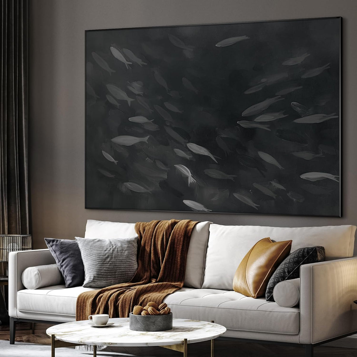 SIGNWIN 36"x46" Extra Large Framed Wall Art Monochrome Fish Silhouettes Illustration for Home