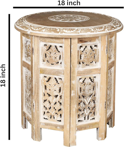 Lightnpro Hand Carved Solid Mango Wood Octagonal Accent Table - 18"×18" White Wash Farmhouse
