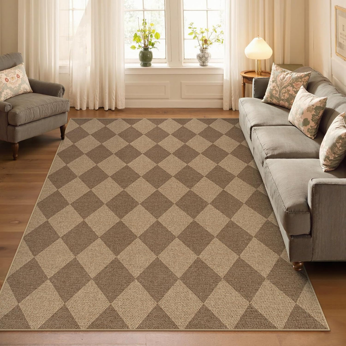 Lahome Checkered Easy Jute Indoor Outdoor Rug, 5x7 Area Rugs for Living Room Nature Large Dining