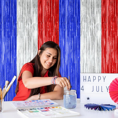 2 Pack 4th of July Party Supplies, 3.28 FT x 7.05 FT 4th of July Tinsel Backdrop, Blue Silver Red