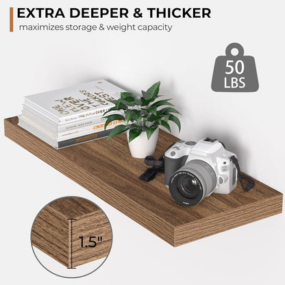 Fun Memories Floating Shelves - 24 Inch Rustic Wooden Wall Shelves - Extra Deeper & Thicker Wall