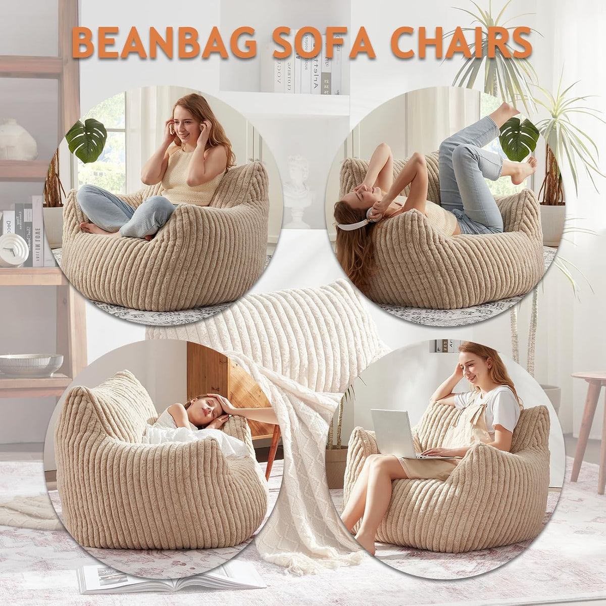 Giant Bean Bag Chairs for Adults with Filling Plush Fluffy Bean Bag Chairs for Teens with Armrests