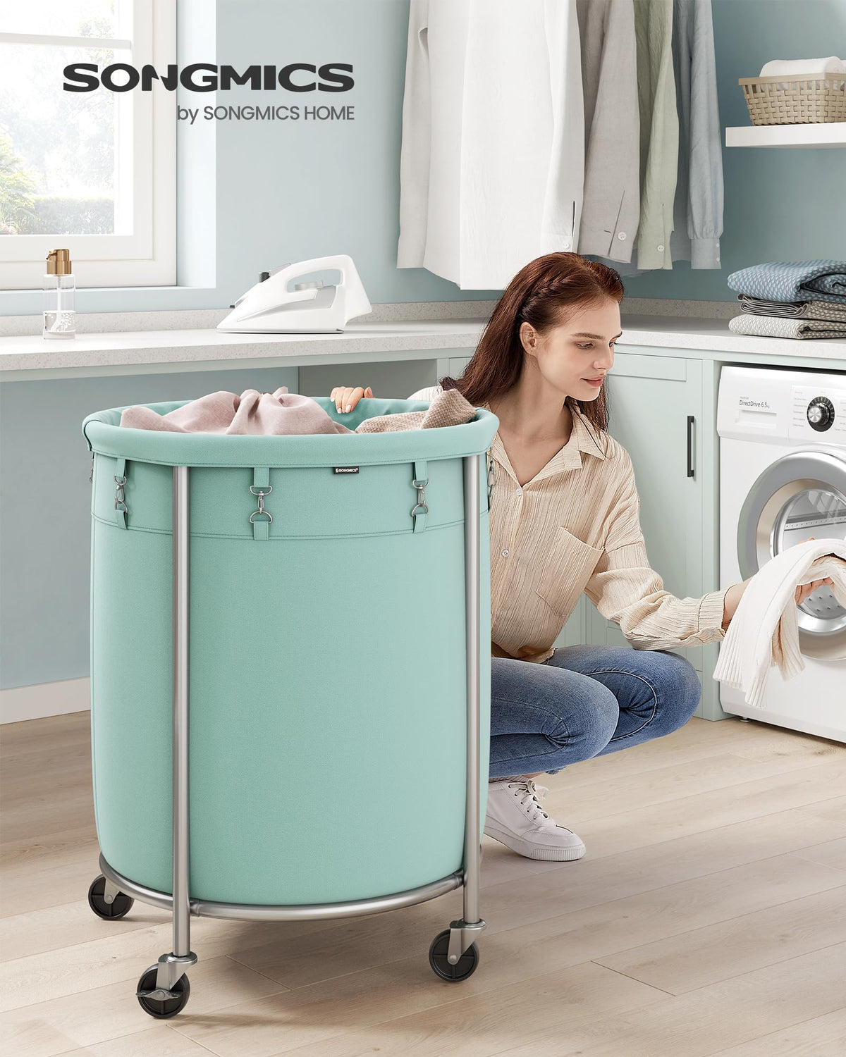 SONGMICS Laundry Basket, Rolling Steel Frame with 2 Locking Wheels, 190 L