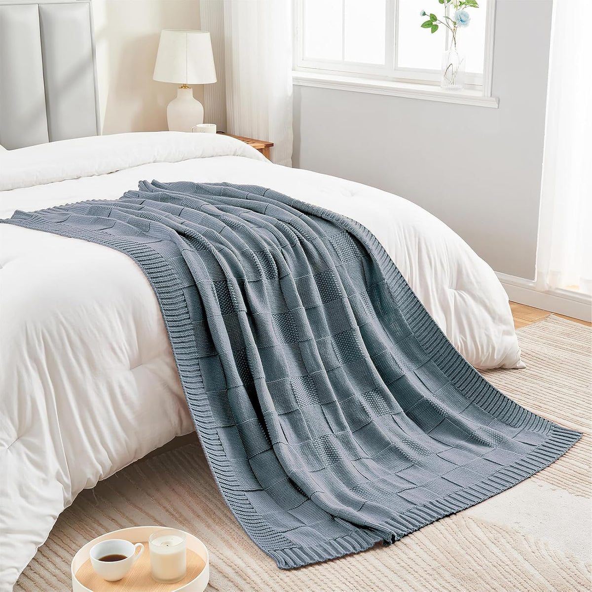 CozeCube Check Knit Throw Blanket, Dusty Blue Checkered Throw for Couch, Decorative Christmas Soft