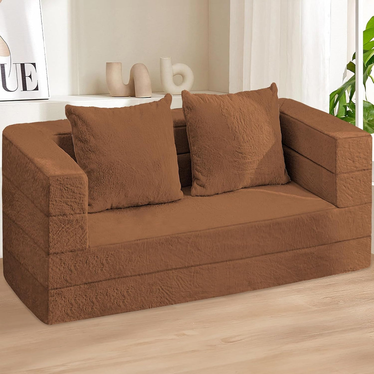 Folding Bean Bag Chair for Adults,3-in-1 Bean Bag Couch Faux Fur Floor Sofa Large Beanbag