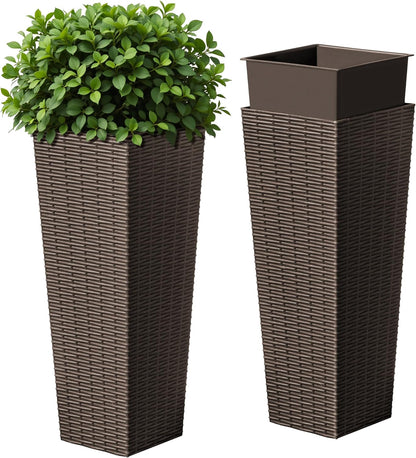 Devoko Resin Tall Planters for Outdoor Plants Set of 2, Large Taper Outdoor Planter Pots with 4