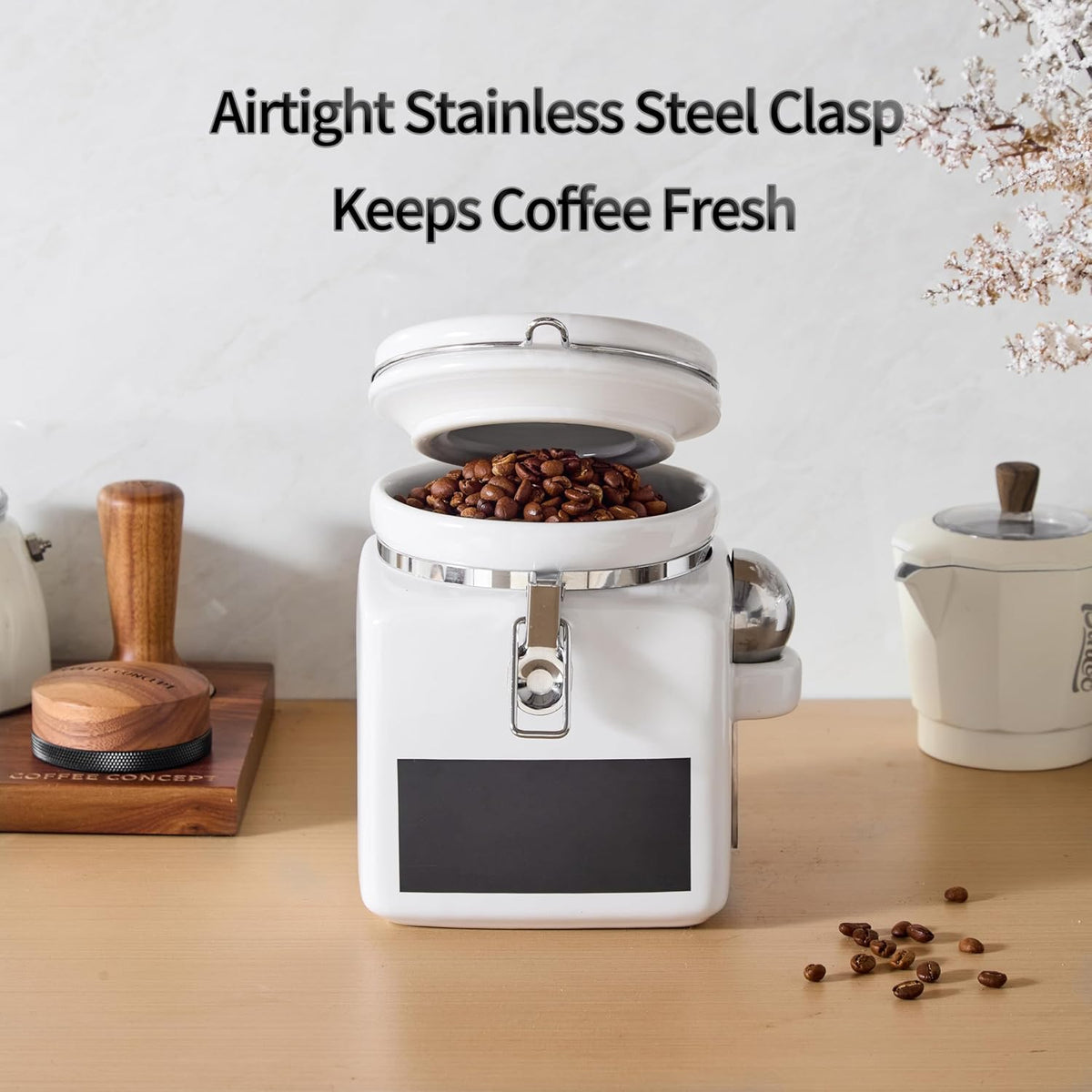 Ceramic Coffee Canister with Airtight Lid and Scoop, Large 74 Fl Oz / 2.2 L Kitchen Food Storage