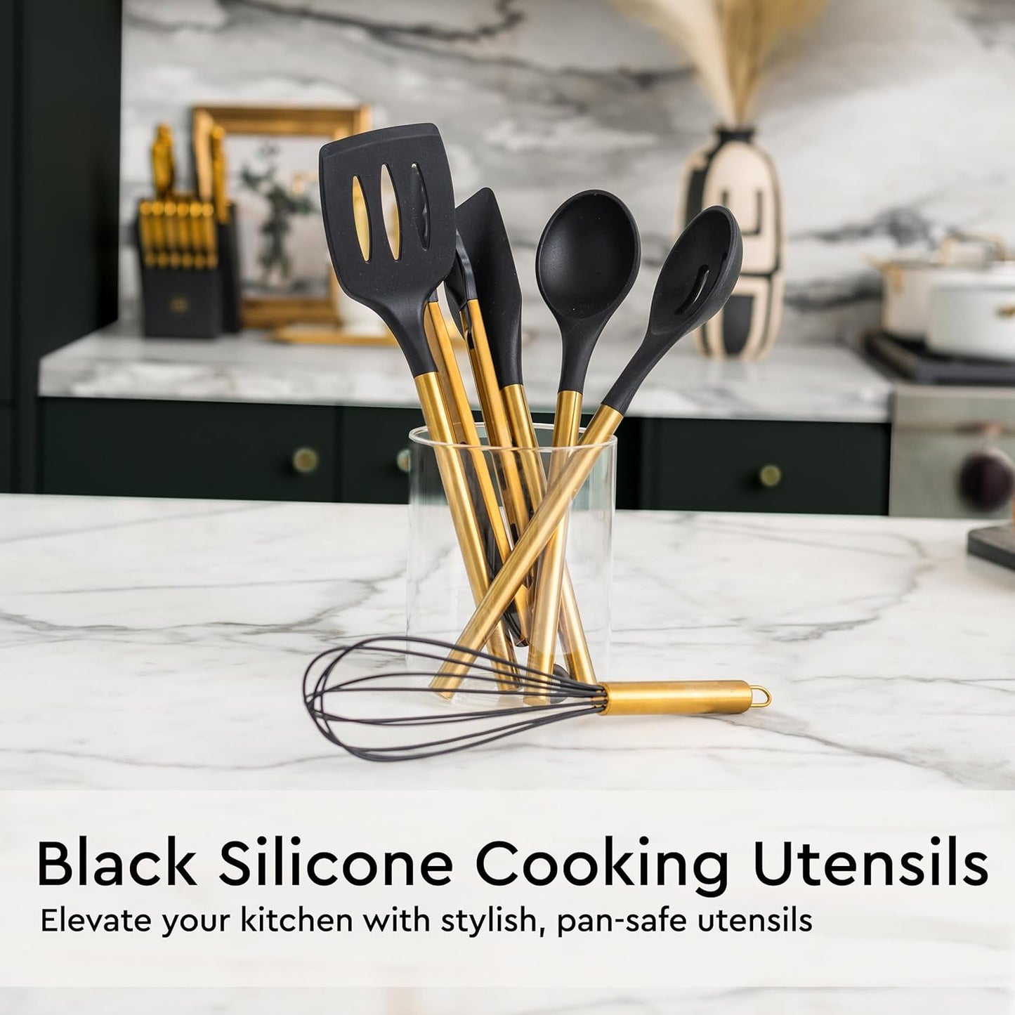 Black and Gold Kitchen Utensils Set - 19-PC Set Includes Stainless Steel and Silicone Cooking