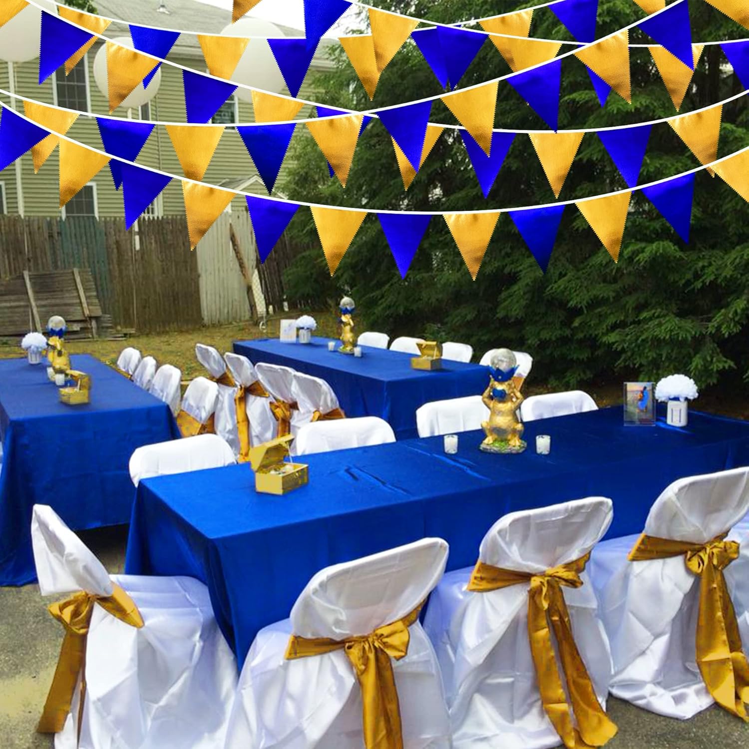 Royal Blue Gold Party Decoration Navy Blue Gold Triangle Pennant Banner Flag Metallic Fabric