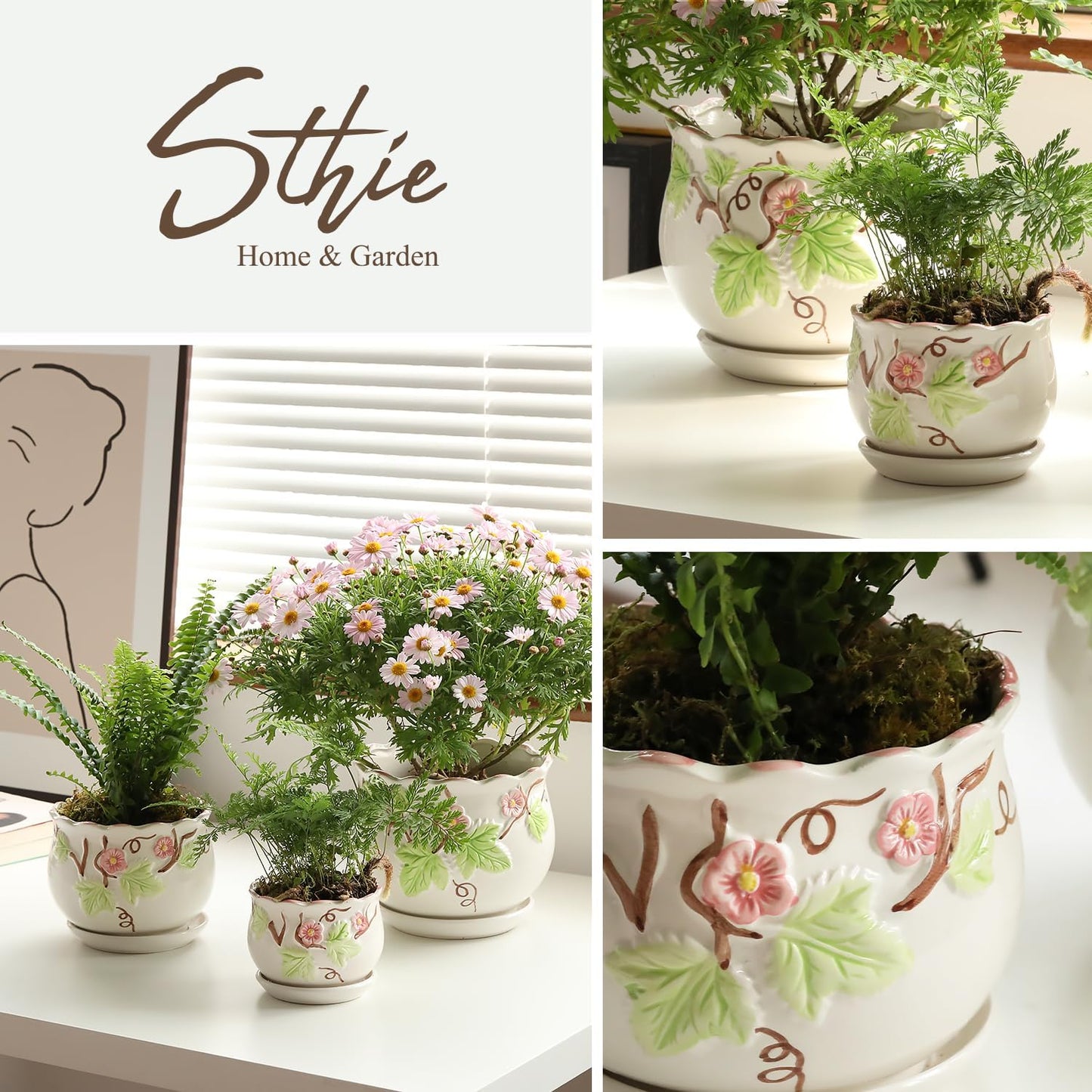 Ceramic Plant Pots with Drainage Holes and Saucers, Round Flower Pots for Indoor Plant, 3.9/5.2/6.7