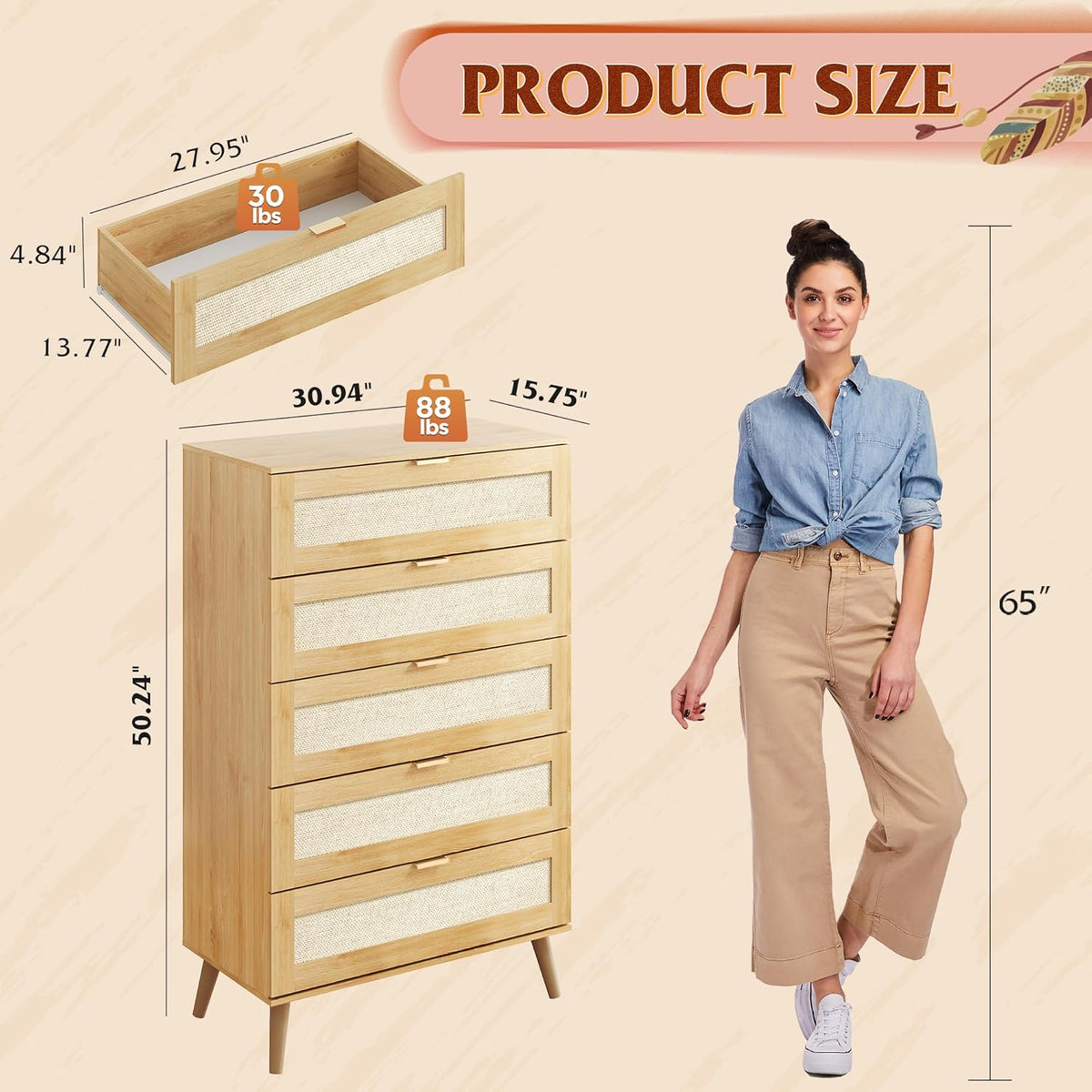 WLIVE Rattan Dresser for Bedroom, 5 Drawer Wood Boho Dresser Storage with Gold Metal Handle, Chest