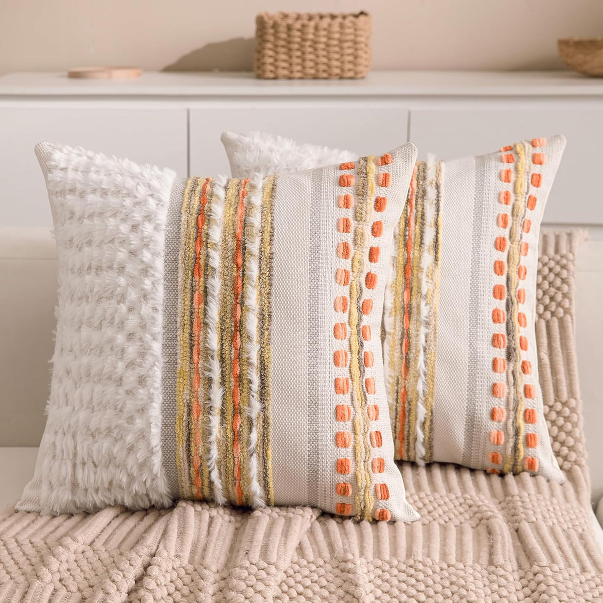 Fall Boho Chenille Tufted Throw Pillow Covers 18x18 Inch Set of 2 Farmhouse Striped Couch