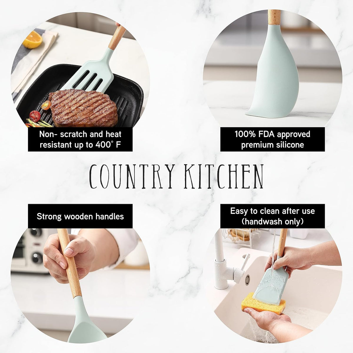 Country Kitchen Non Stick Silicone Utensil Set with Rounded Wood Handles for Cooking and Baking, 14