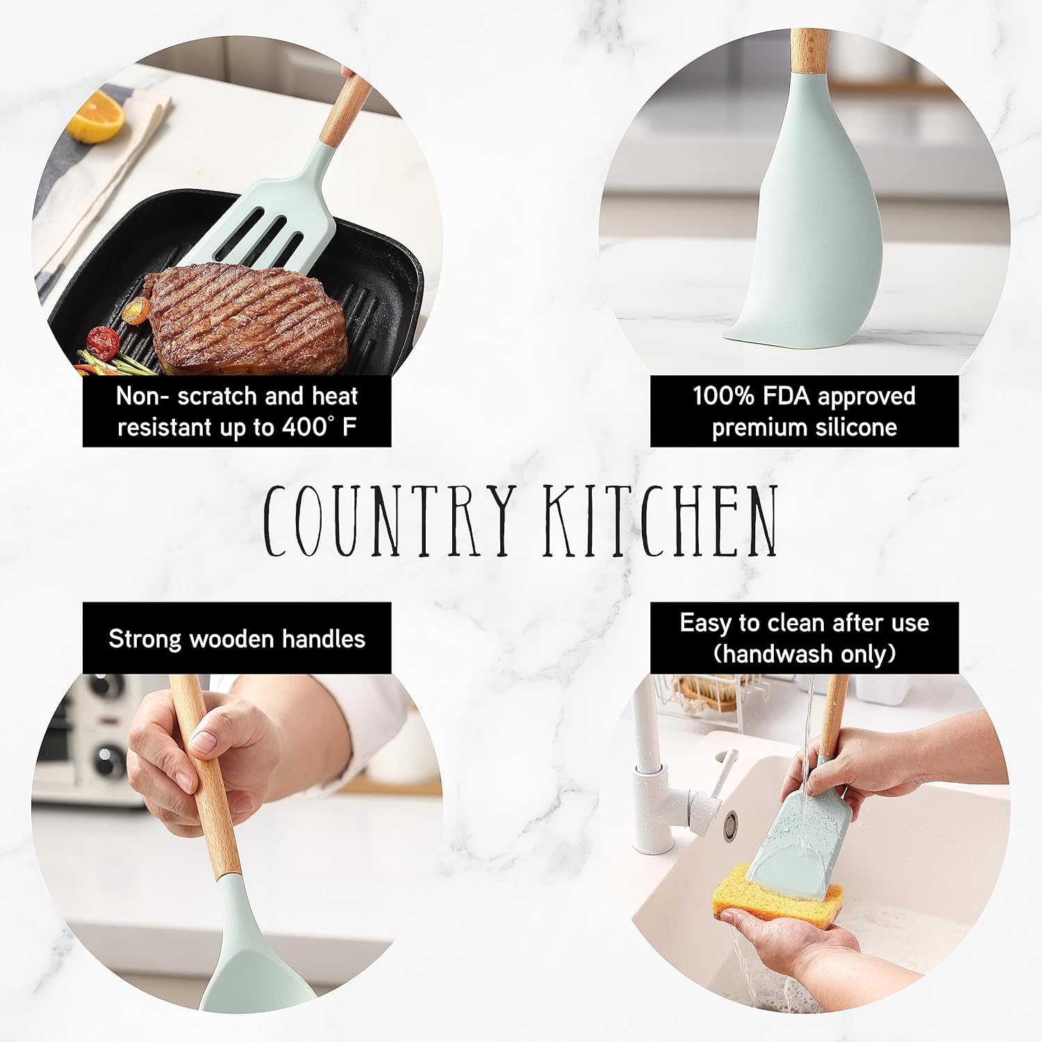Country Kitchen Non Stick Silicone Utensil Set with Rounded Wood Handles for Cooking and Baking, 14