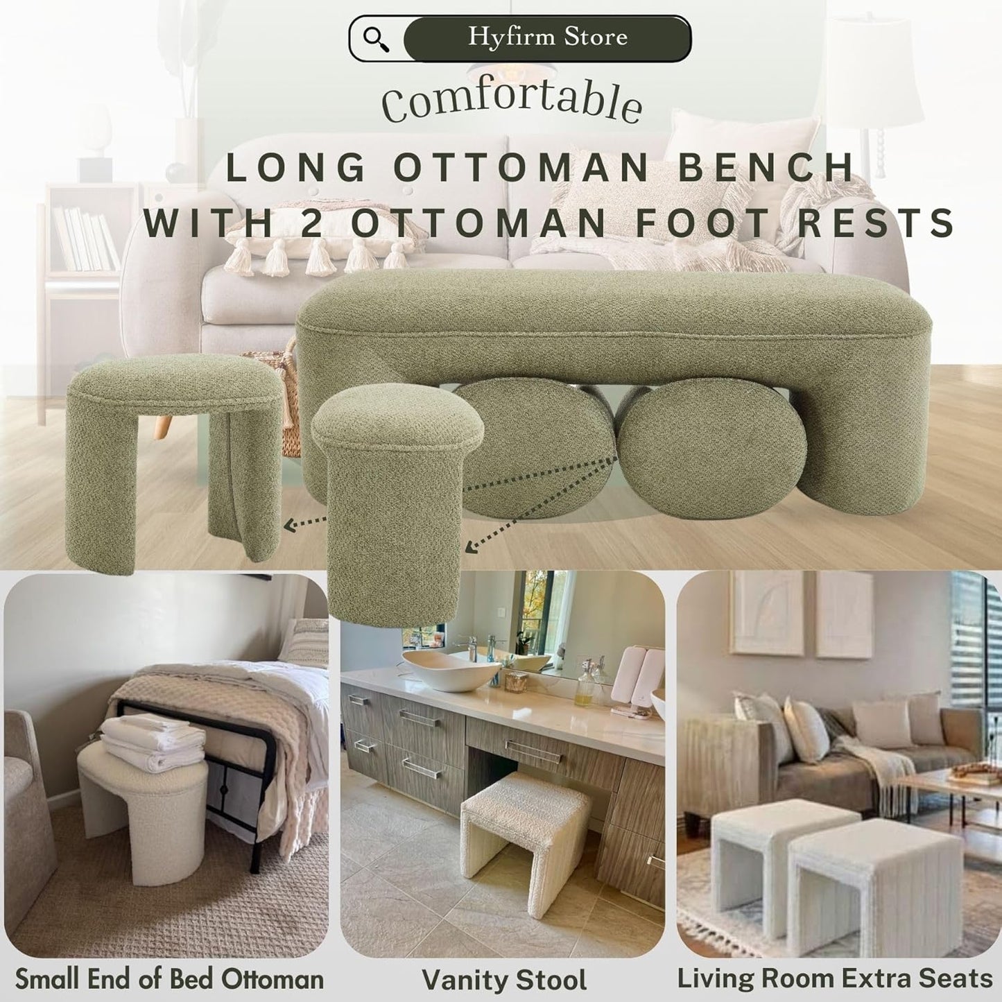 3-Piece 53" Comfy Upholstered Dining Bench with 2 Ottomans, Accent Waterfall Bench Modern End of