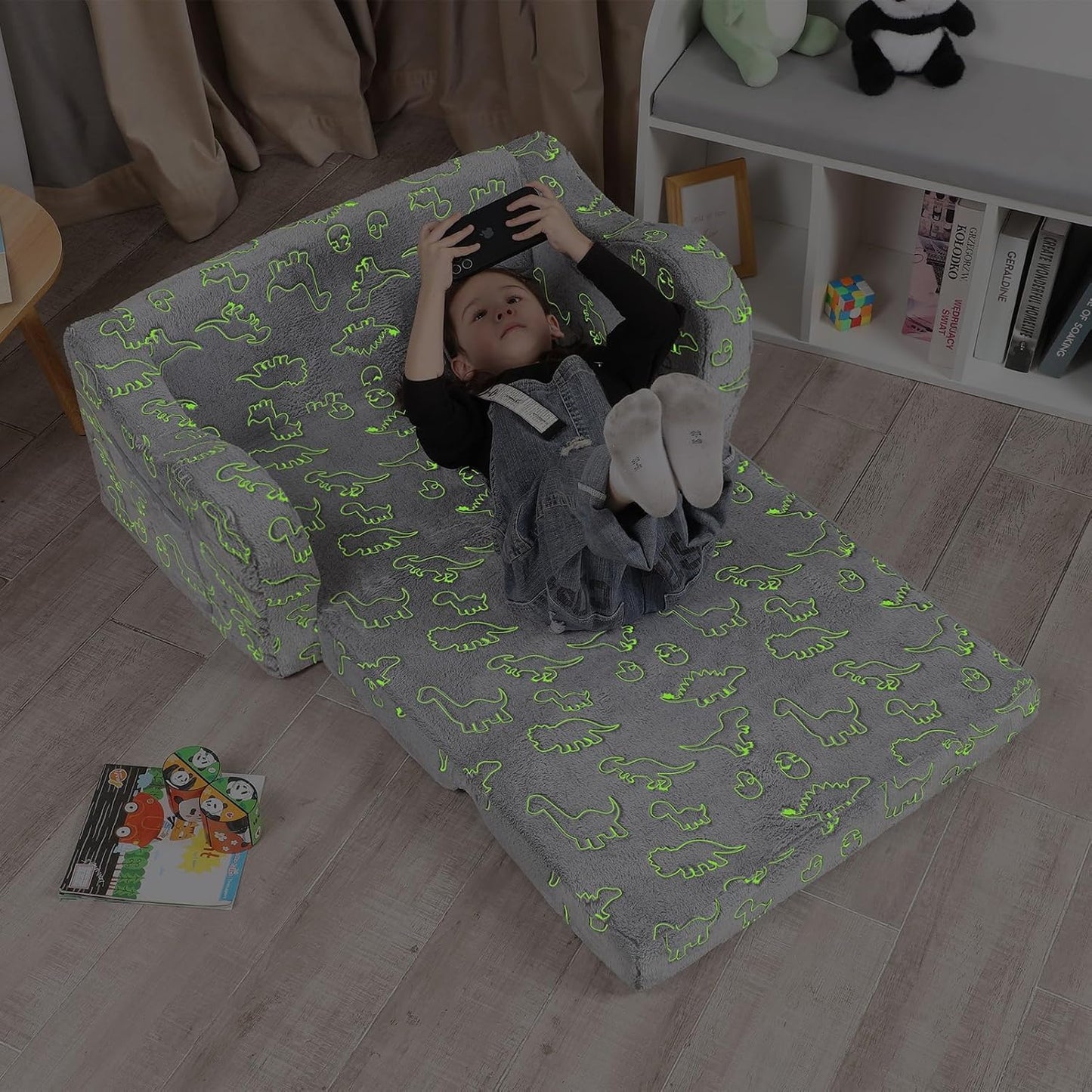 Kids Extra Wide Glow in The Dark Chairs for Toddler, 2-in-1 Toddler Soft Sherpa Couch Fold Out