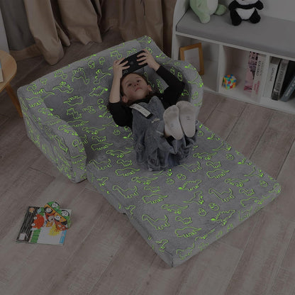 Kids Extra Wide Glow in The Dark Chairs for Toddler, 2-in-1 Toddler Soft Sherpa Couch Fold Out