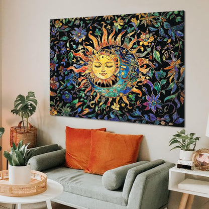 Aipon Sun and Moon Tapestry for Bedroom Boho Hippie Floral Wall Tapestry Aesthetic Vintage Stained