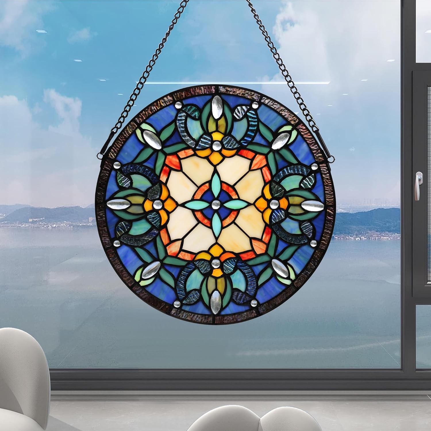 Handcrafted Stained Glass Window Panel - 12-Inch Round Floral Design with Vibrant Colors, Elegant