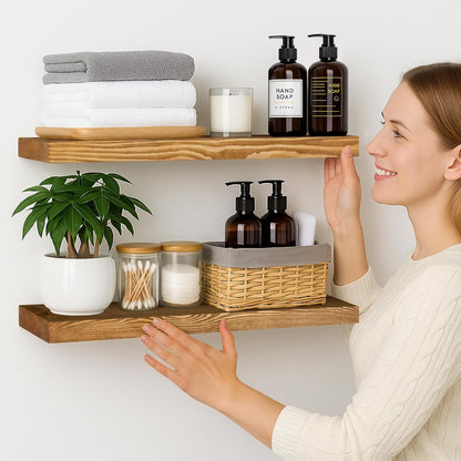 BGMG Wood Floating Shelves for Wall 24 inch Set of 2, Rustic Wooden Wall Mount Shelves for Living