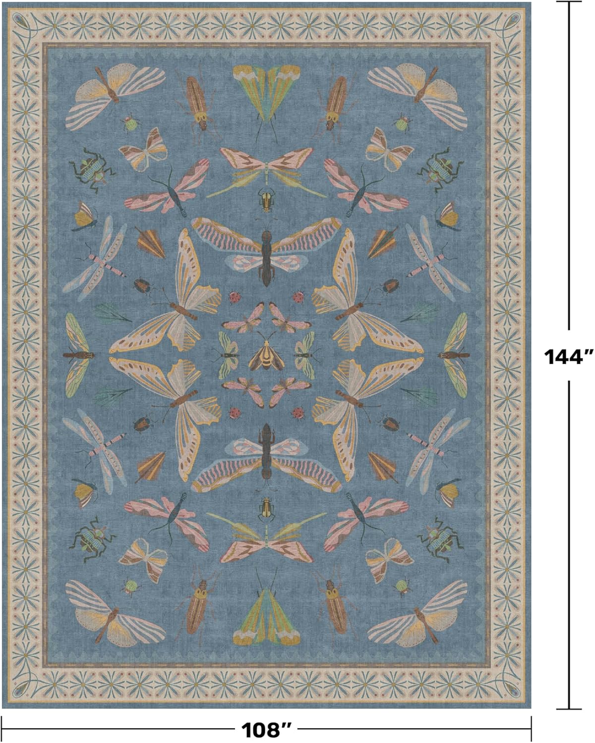 Insect Light Blue Rug for Living Room - 9x12 Cute Rugs for Bedroom, Moth Floral Boho Design, Low