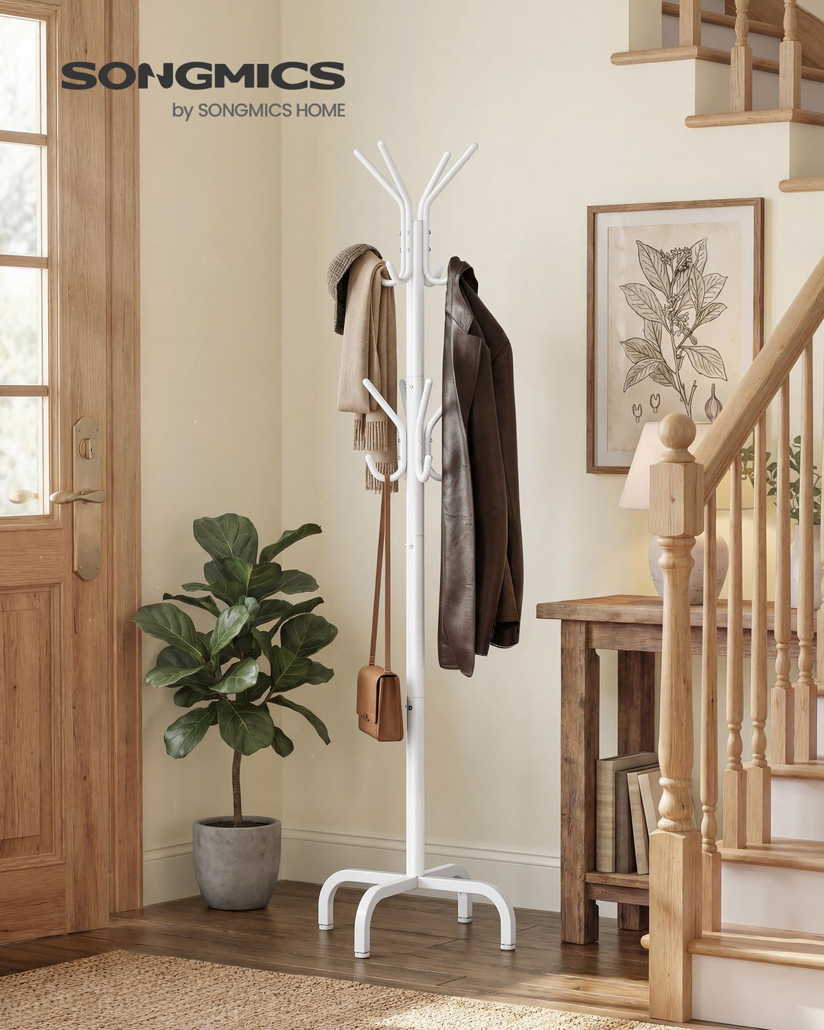 SONGMICS Coat Rack Freestanding with 16 Hooks, Metal Coat Tree Stand with 4 Adjustable Feet