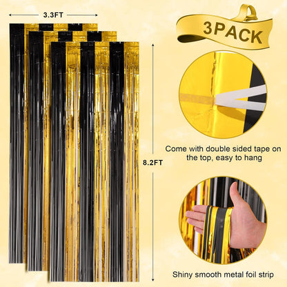 3 Pack 3.3x8.2 Feet Black and Gold Foil Fringe Backdrop Curtains, Tinsel Streamers Birthday Party