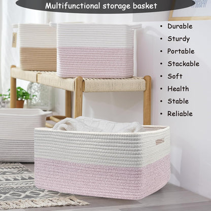 COMFY-HOMI Cotton Rope Woven Basket with Handles for Shelves,Toys,Book, Cloth Storage Baskets for