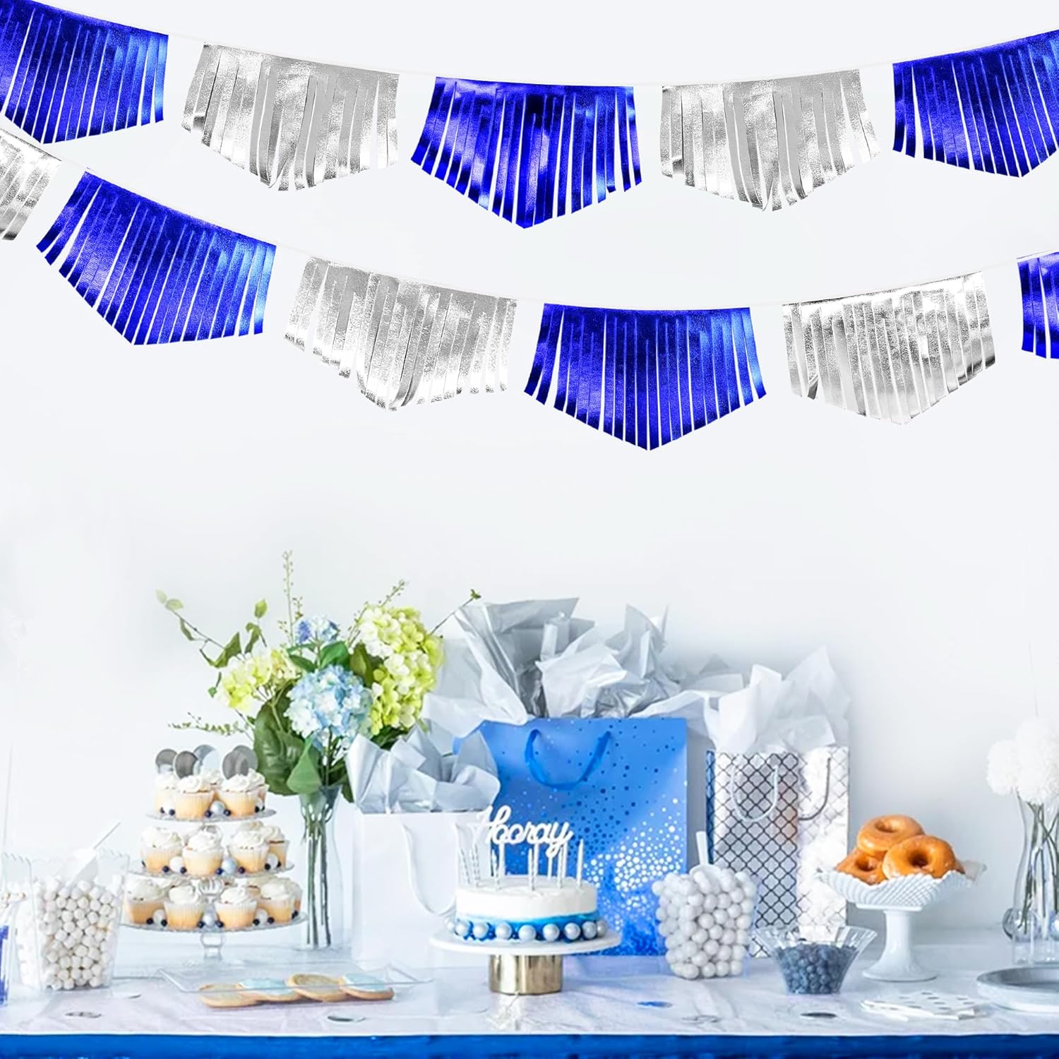 Royal Blue Silver Tassel Banner Metallic Fabric Pennant Bunting Flag for Graduation Birthday