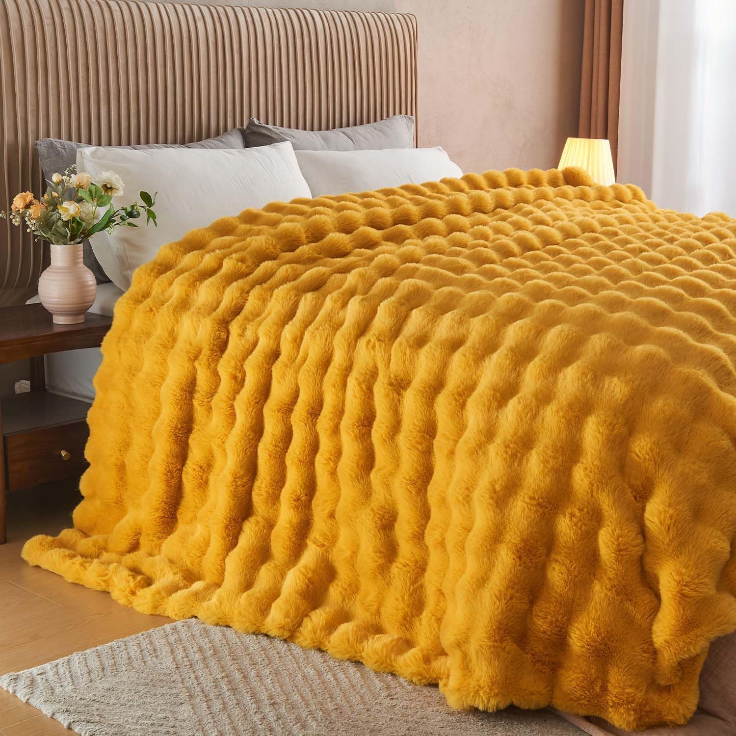 Lotus Karen Faux Fur Throw Blanket Ginger Yellow - Big Bubble Rabbit Fluff Blanket for Couch Bed