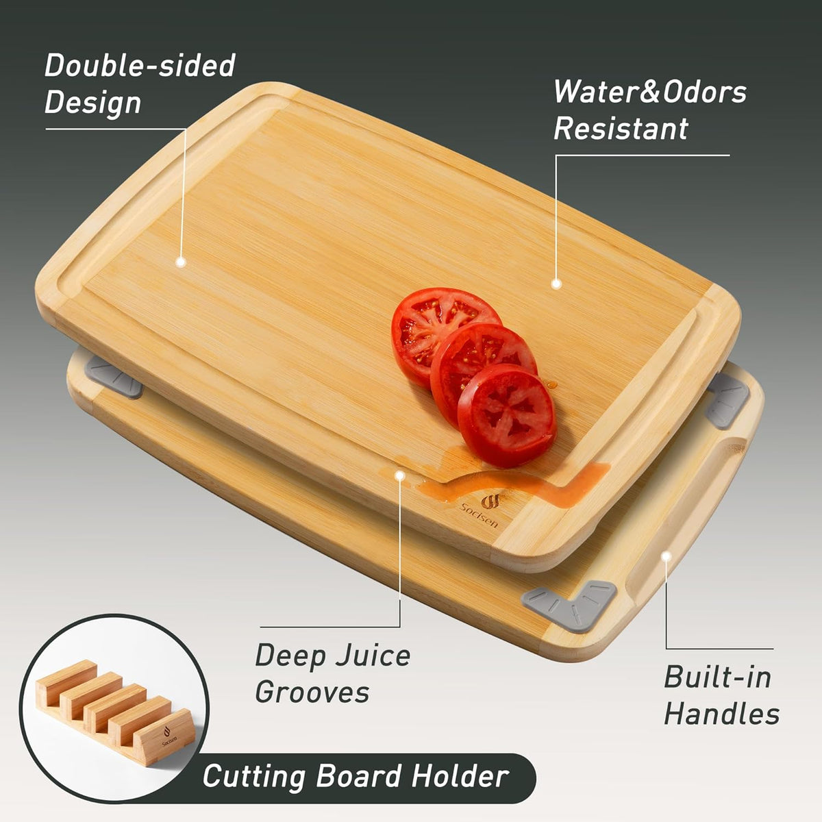 Bamboo Cutting Board Set Non Slip Feet with Holder Over Sink Men Birthday Christmas Valentines