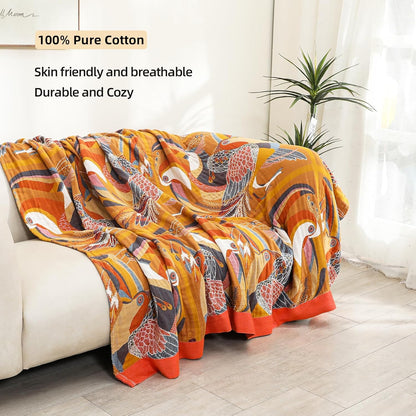 Boho Large Throw Blanket, 100% Organic Muslin Cotton Breathable Soft Bed Throw - Floral Bird