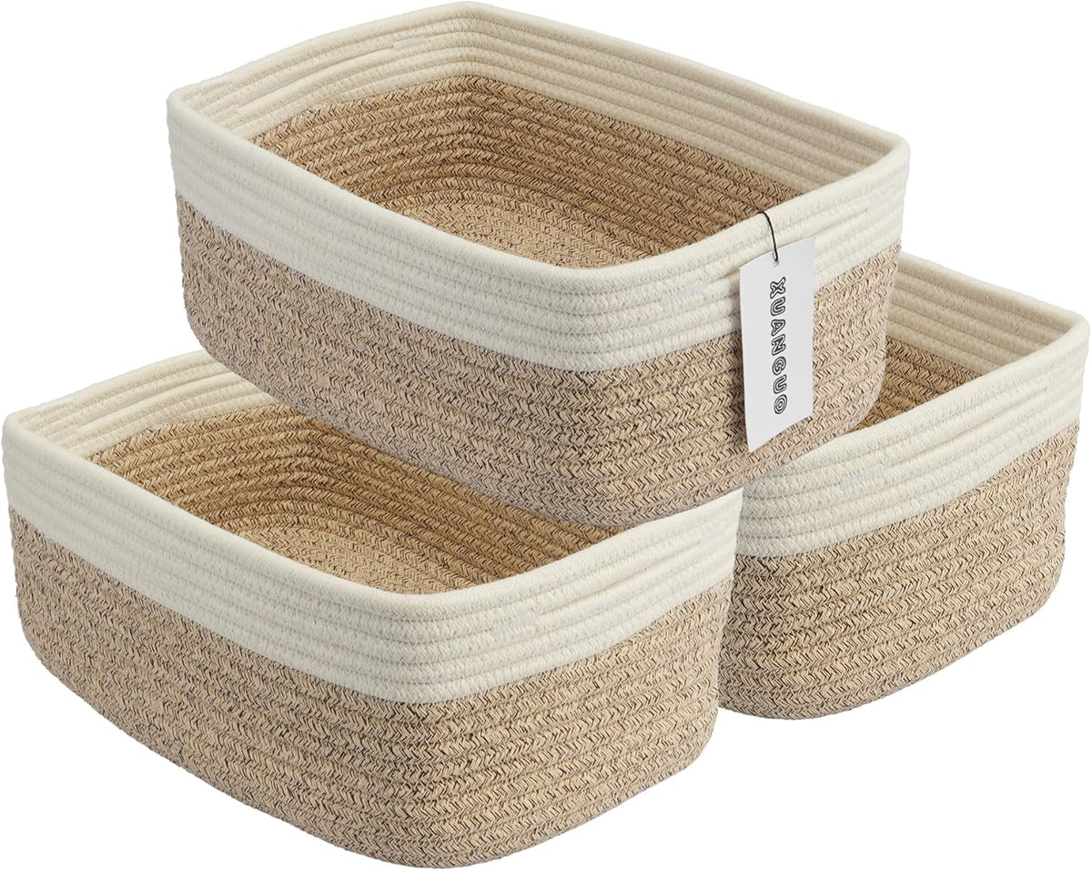 Small Woven Storage Baskets 13“X9”X5“ Decorative Rope Bins for Organizing Shelves, Closets, and
