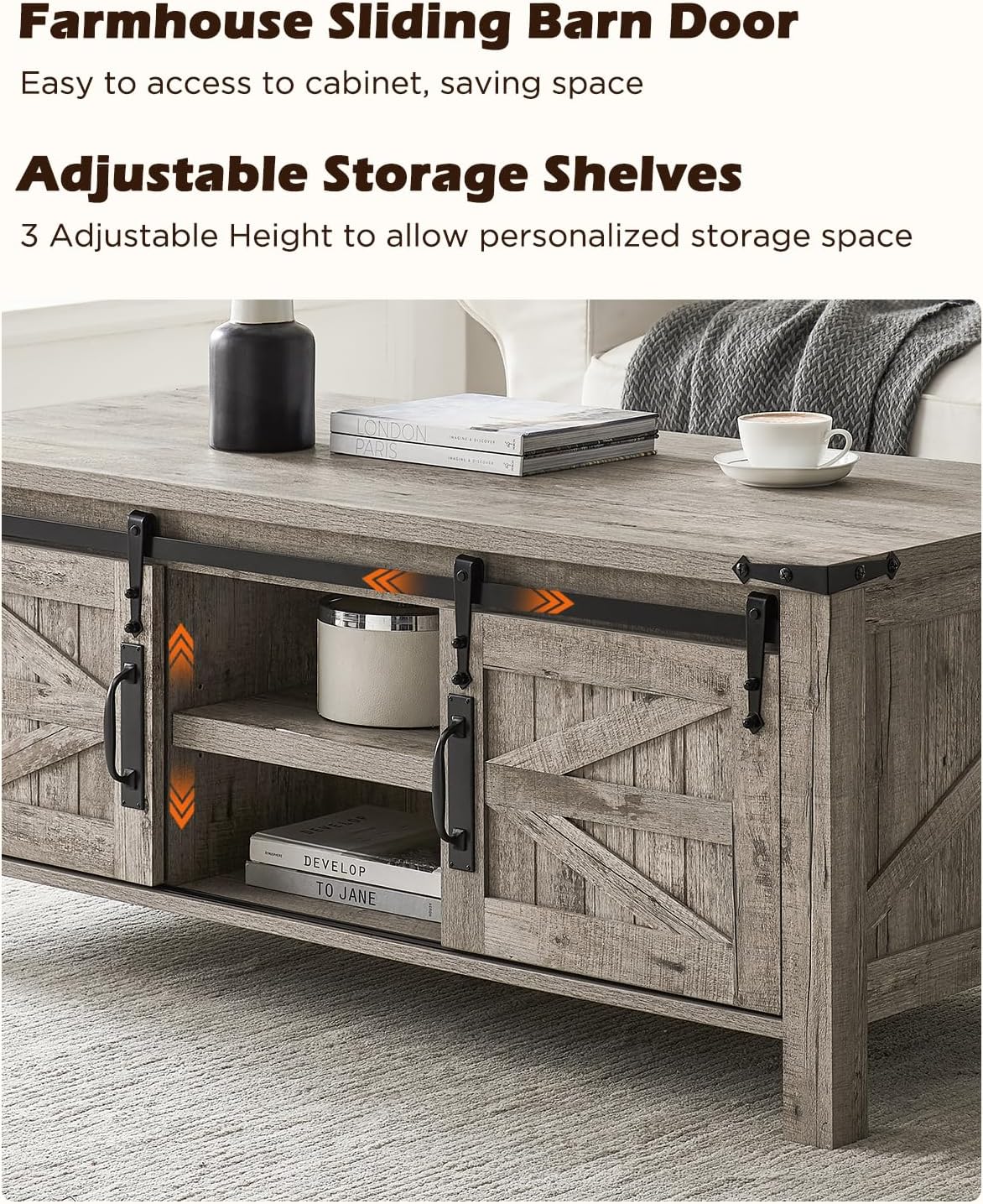OKD 48" Farmhouse Lift Top Coffee Table with Sliding Barn Door, Rustic Center Table w/Hidden