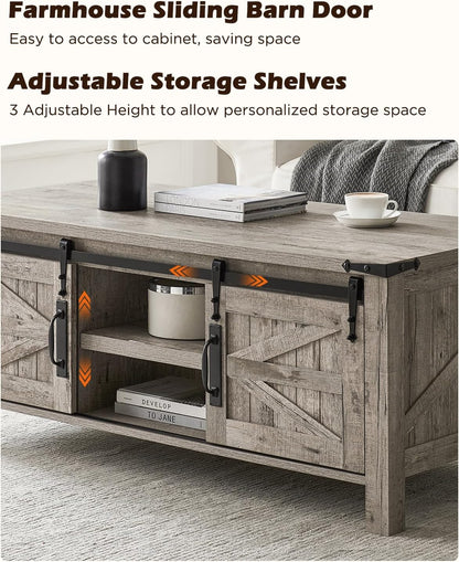 OKD 48" Farmhouse Lift Top Coffee Table with Sliding Barn Door, Rustic Center Table w/Hidden