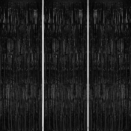 3 Pack Foil Fringe Backdrop - Black Shiny Tinsel Curtains for Party Decoration/Photo Booth Props