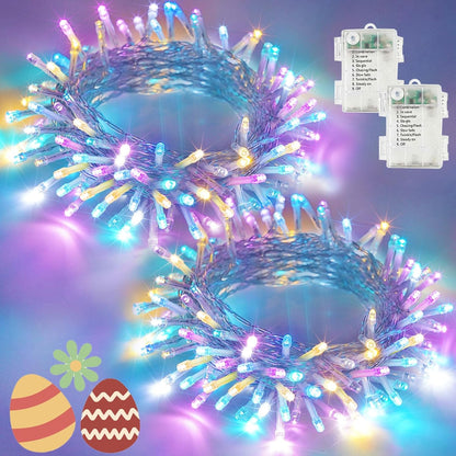 Easter Lights Battery Operated Fairy Lights, 2 Pack 33FT 100LED Multicolor easter String Lights, 8