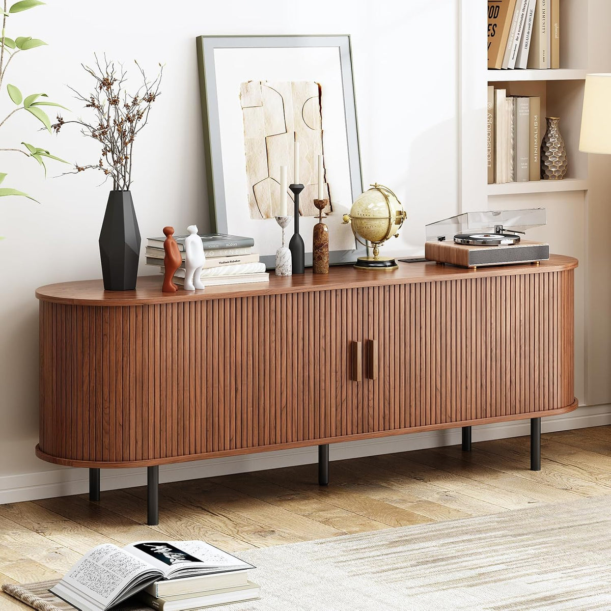 63" TV Stand with Power Outlet, Modern Media Console with Sliding Doors, Entertainment Center for