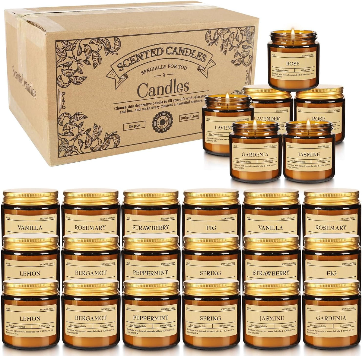 Scented Candle Set 24 Pack, Candle for Home Scented, Odor Eliminating, Stress Relief, Long Lasting