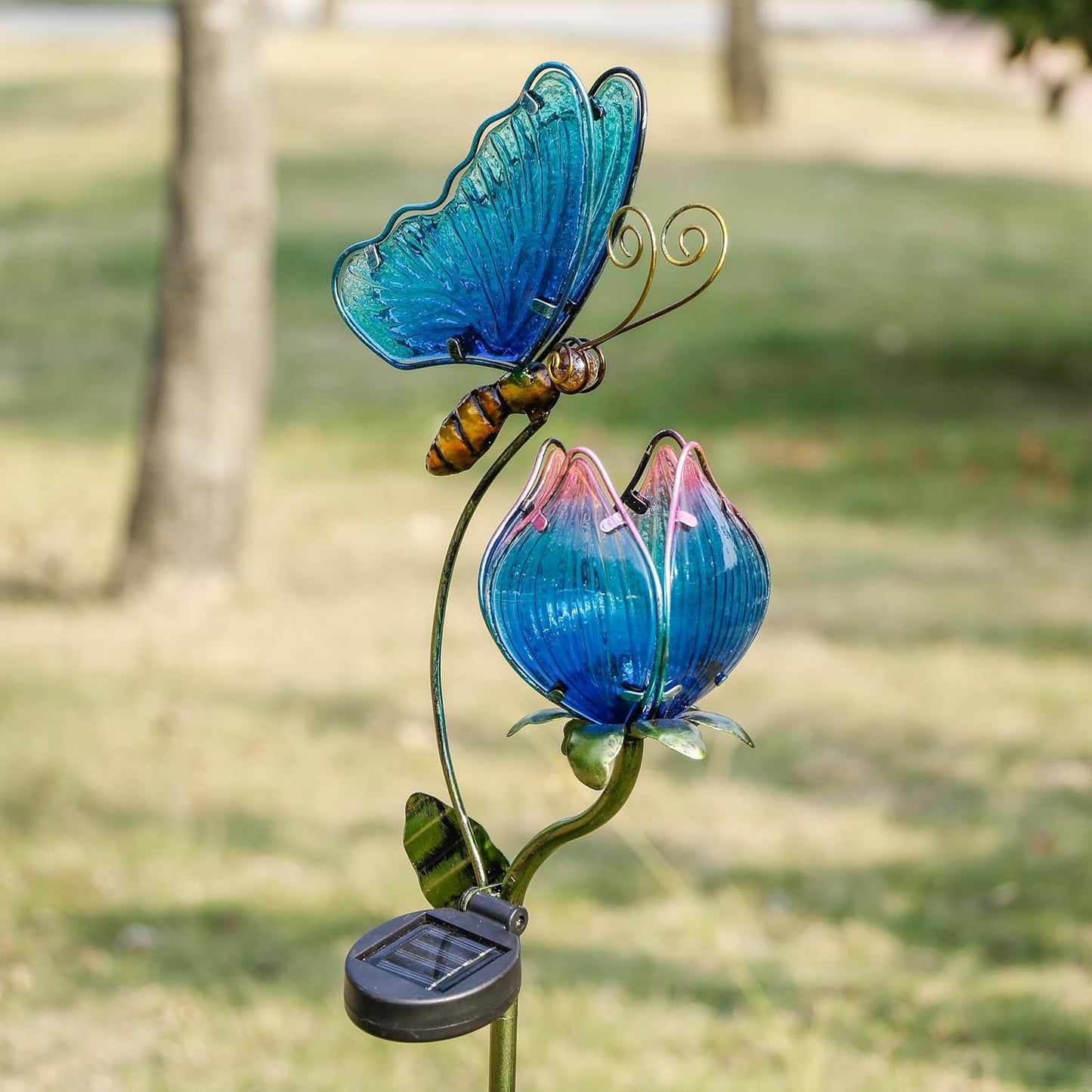 TERESA'S Collections Flower Yard Decorations Outdoor, 42'' Blue Glass Butterfly Solar Outdoor
