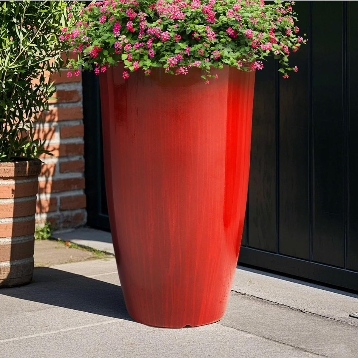 Worth Garden 23.5" H. Large Plastic Planters - Set of 2 Gradient Red Glossy Smooth Finish - Tall