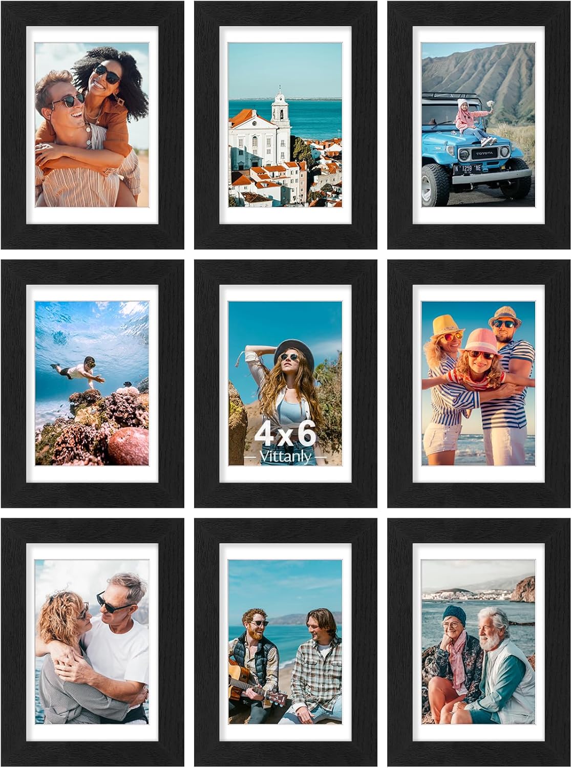 Vittanly 4x6 Picture Frames Set of 9, Shatter Resistant Plexiglass, Display 3.5x5 Pictures with Mat