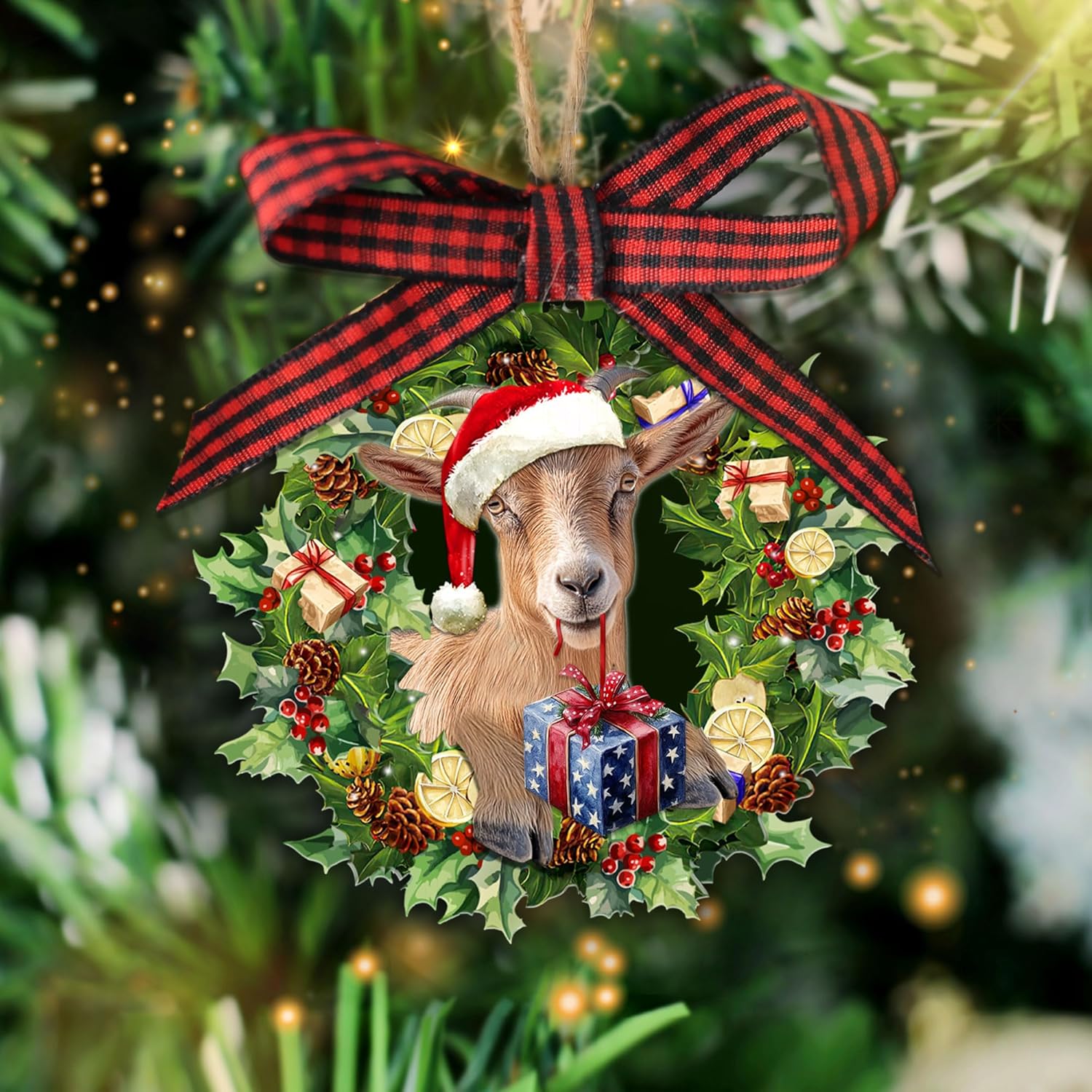 Talataca Goat Wearing A Christmas Hat Wreath Farm Animal Lover 2D Flat Christmas Tree Wood Ornament
