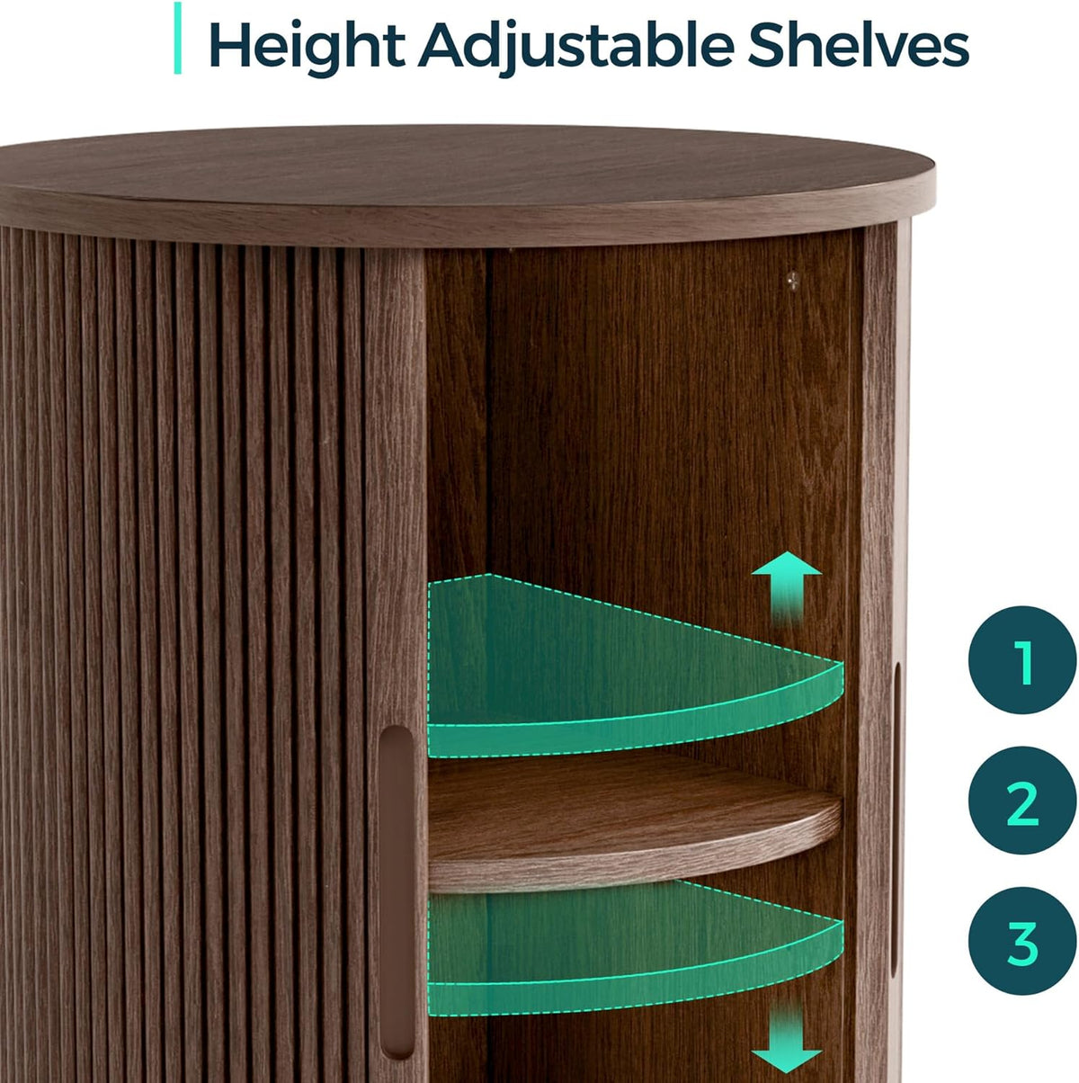 LINSY HOME Round Fluted End Table, Tall Side Table with Sliding Tambour Door and Storage Shelf