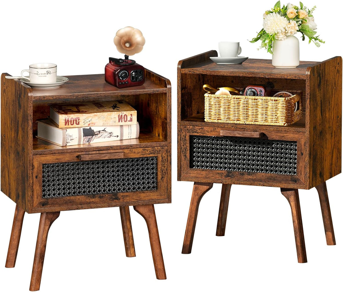 Lerliuo Rattan Nightstands Set of 2, Boho Side Table with Drawer Open Shelf, Cane Accent Bedside
