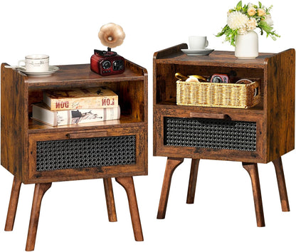Lerliuo Rattan Nightstands Set of 2, Boho Side Table with Drawer Open Shelf, Cane Accent Bedside