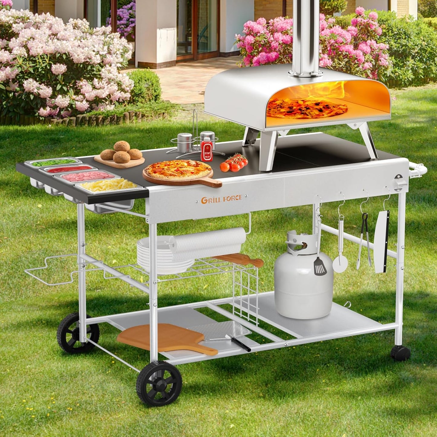 Pizza Oven Table with Topping Station, Outdoor Pizza Oven Cart, Grill Table for Outside, Grill
