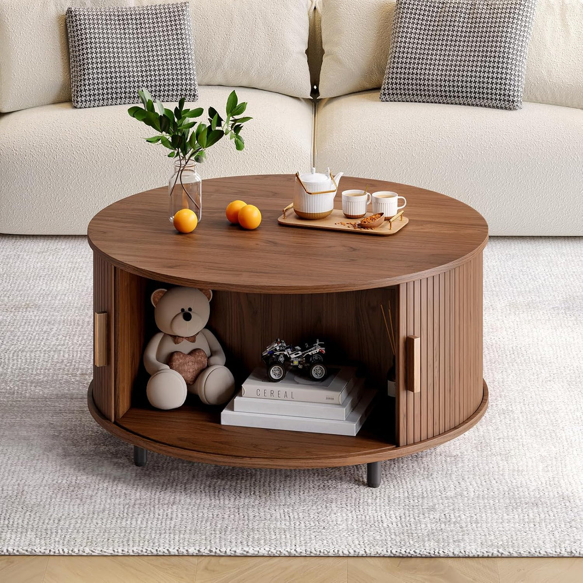 Round Coffee Table with Storage, 31.5" Modern Coffee Table with 360° Curved Sliding Door, Fluted