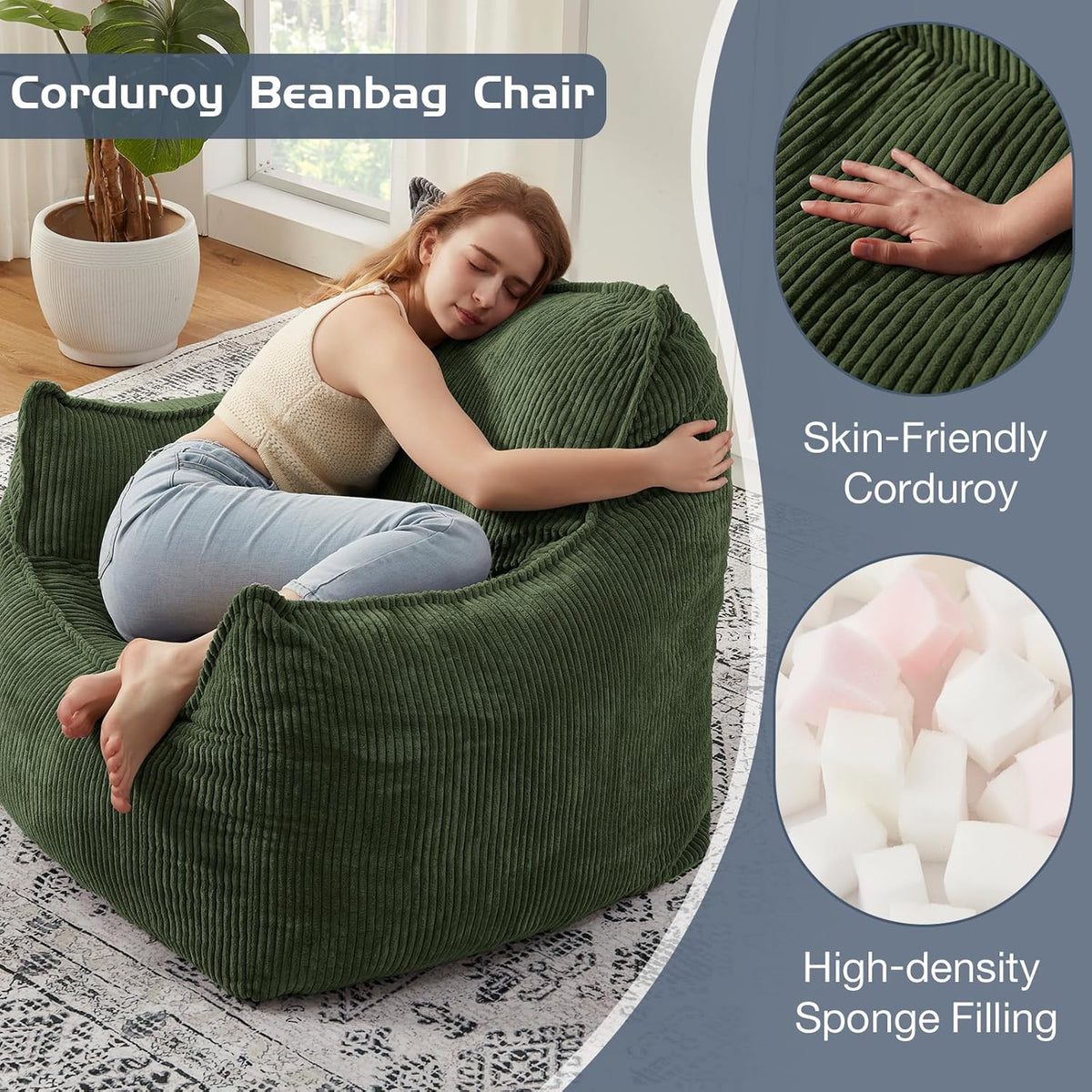 Giant Bean Bag Chair Sofa for Adults Teens, Comfy Corduroy Large Bean Bag Chairs with Armrests for